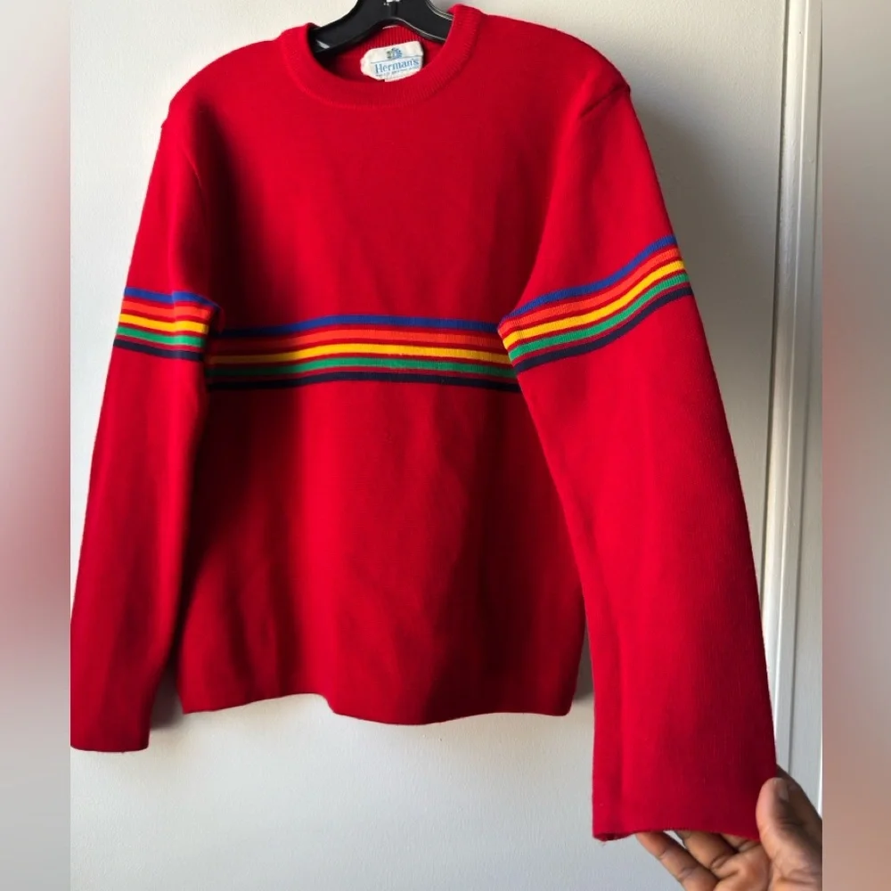 Vintage Herman’s Wool Red Sweater with Multicolor Stripes